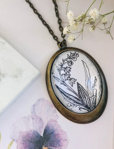 Lilly of the valley, Hand - drawn pendant - May Birth flower