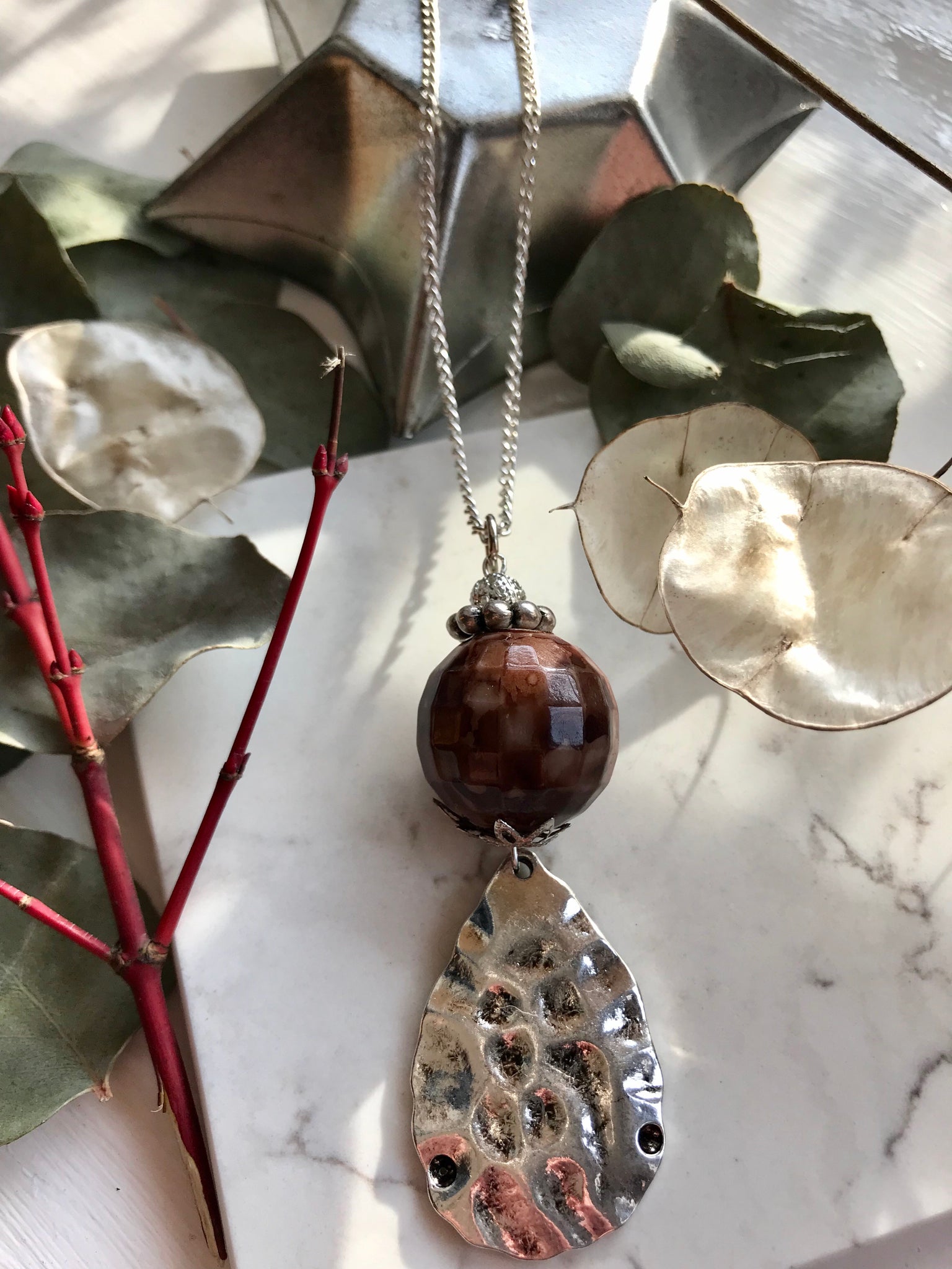 Silver and burgundy botanical pendant