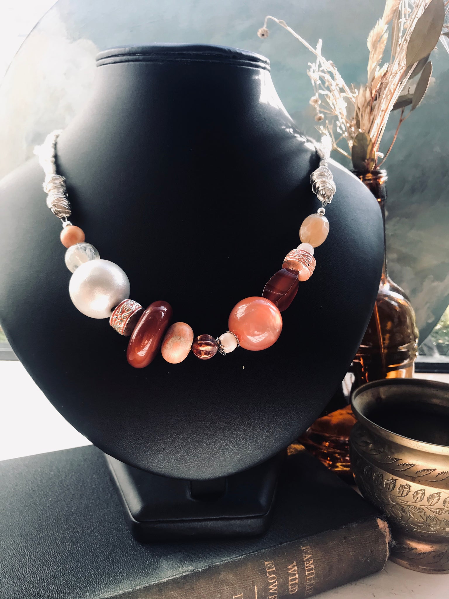 Chunky eclectic bead mix necklace - orange