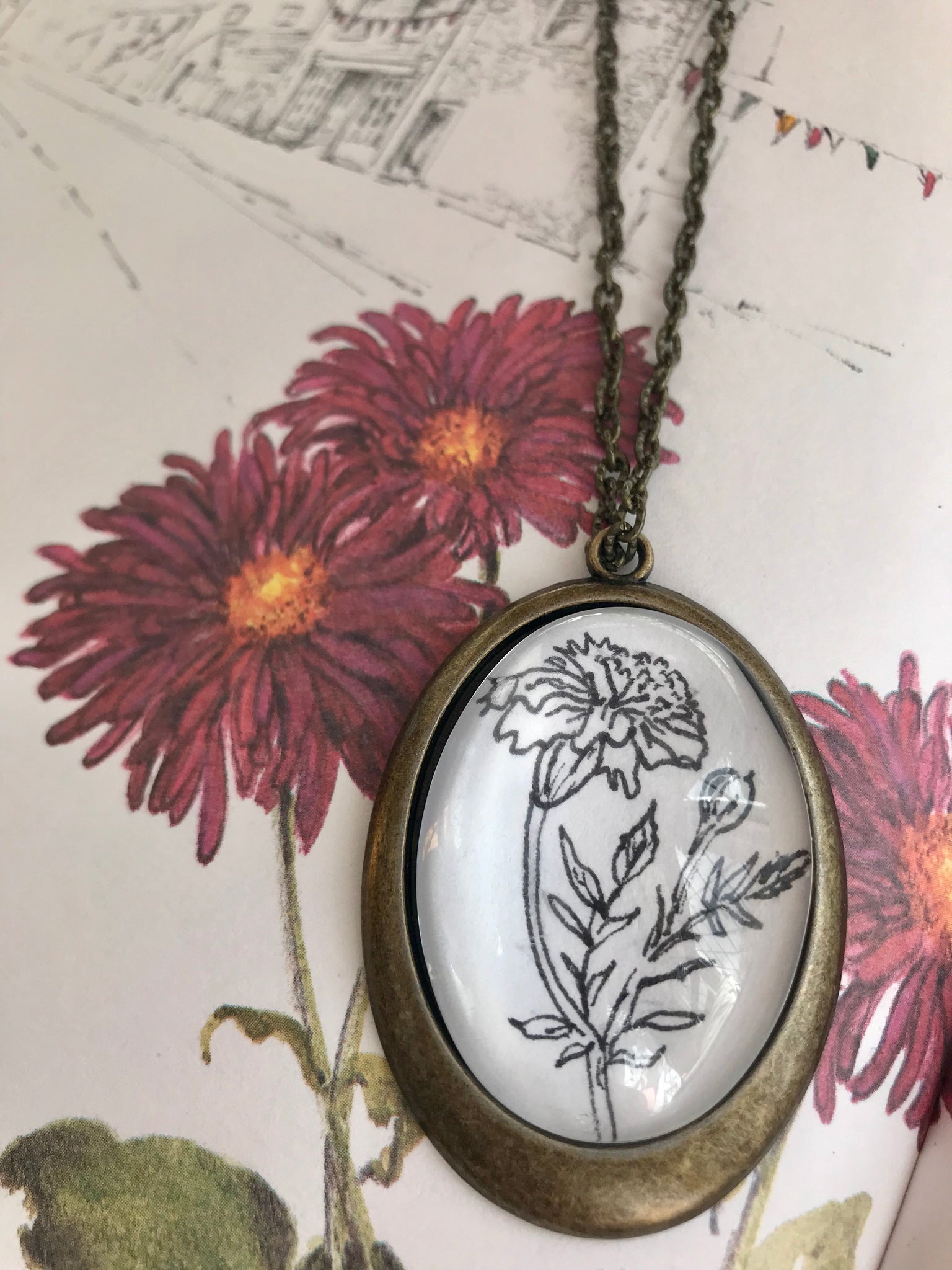 Marigold, Hand- drawn pendant, birth flower for october