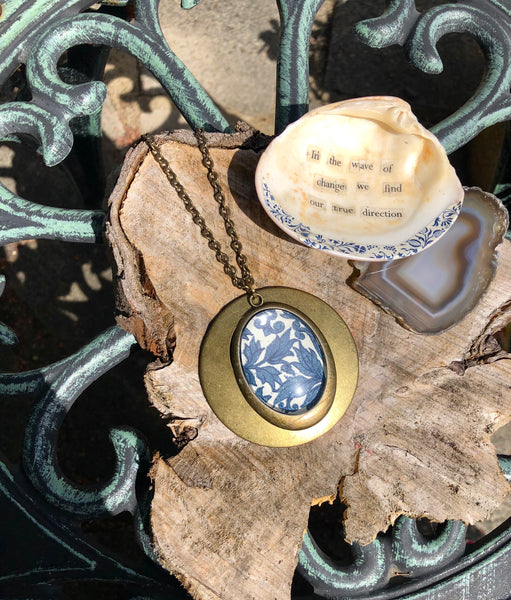 Brass and blue botanical print pendant