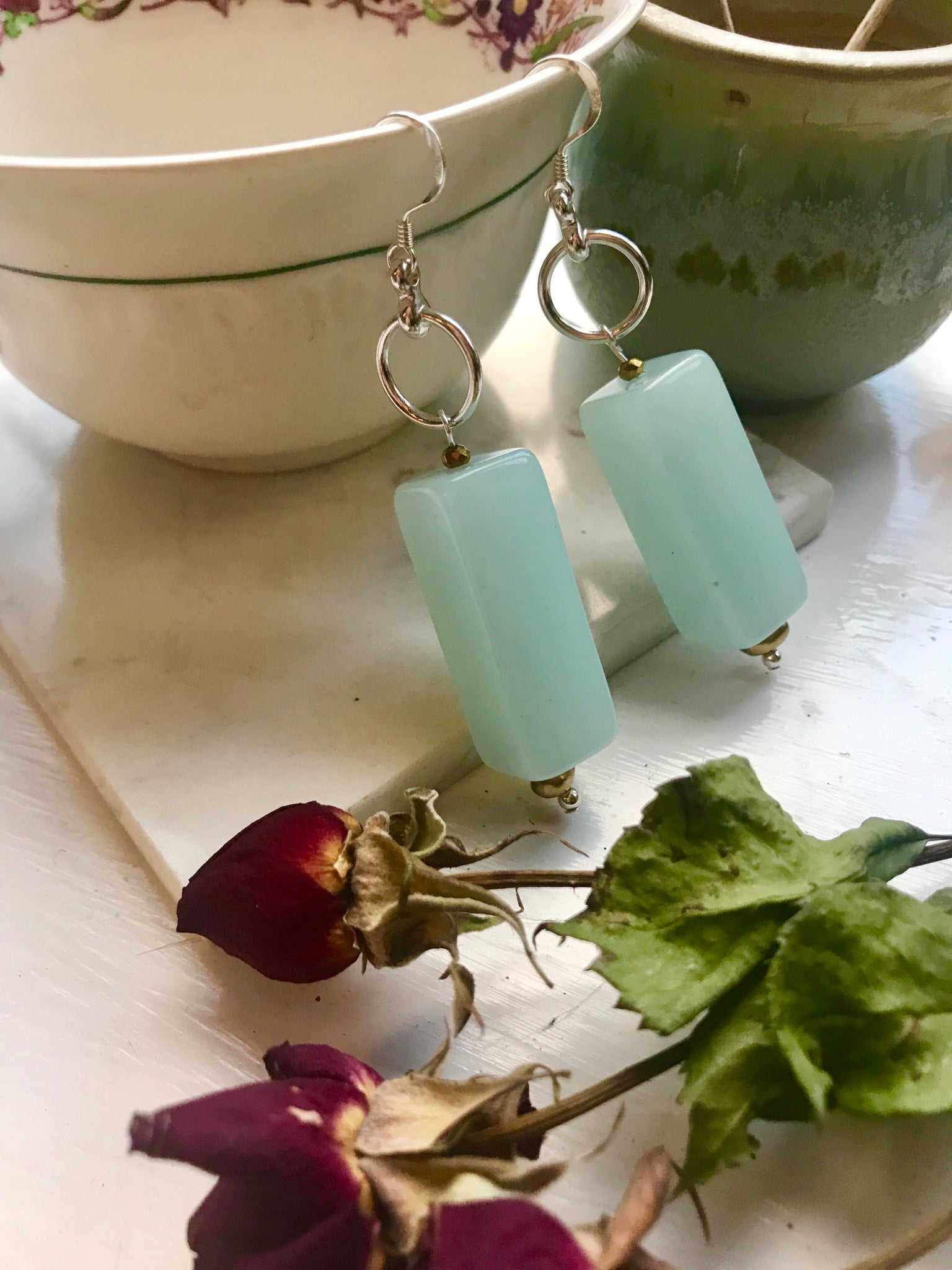 Green and silver long drop ear rings
