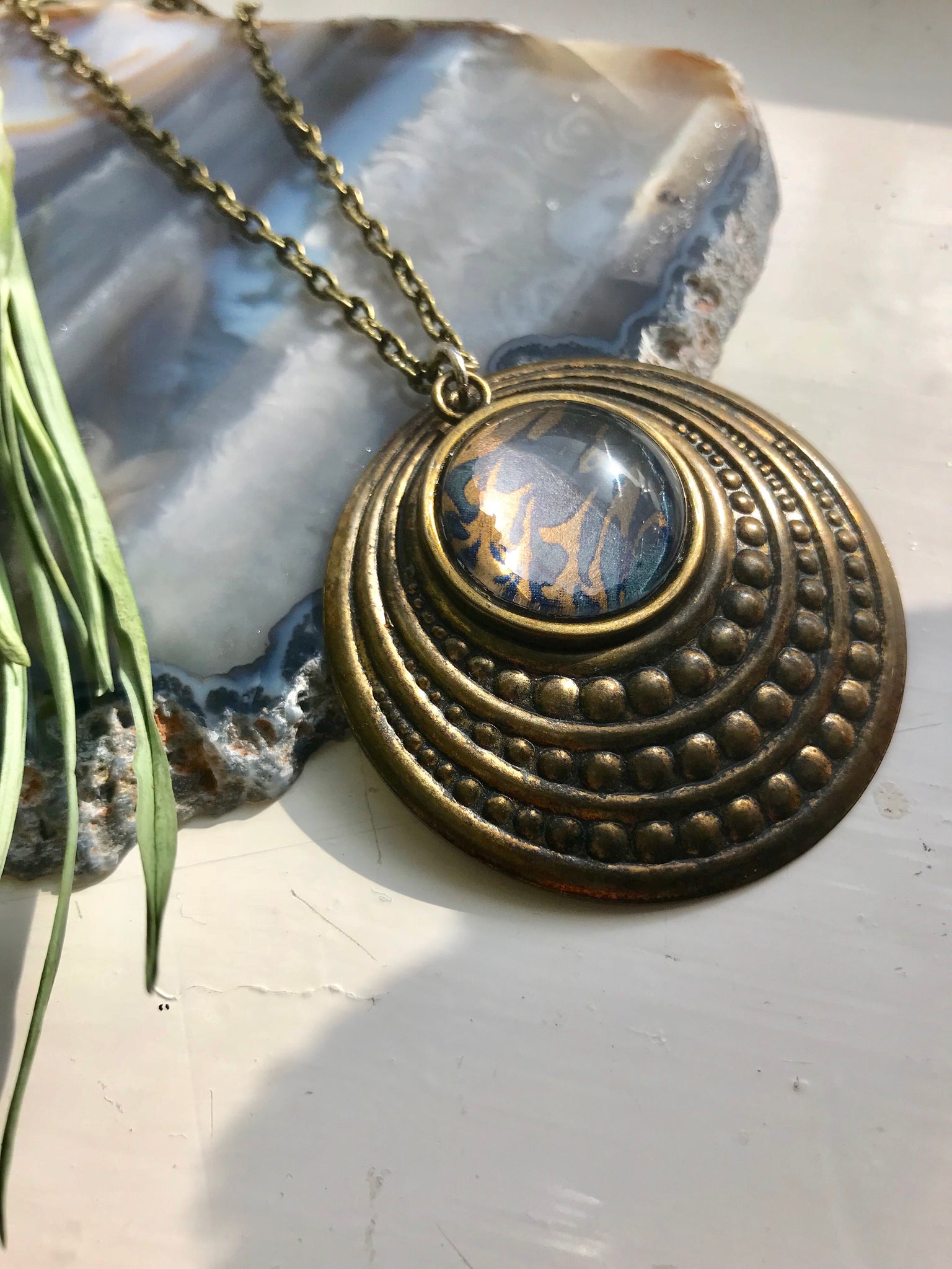 Blue and bronze marble print pendant
