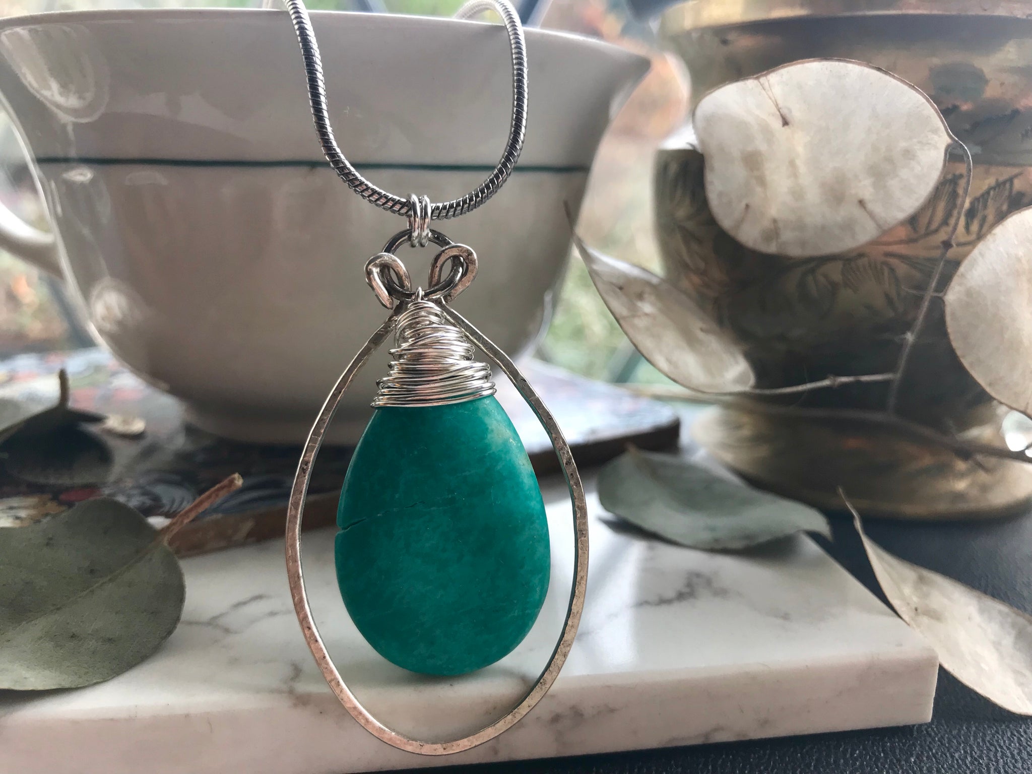 Turquoise and silver drop necklace