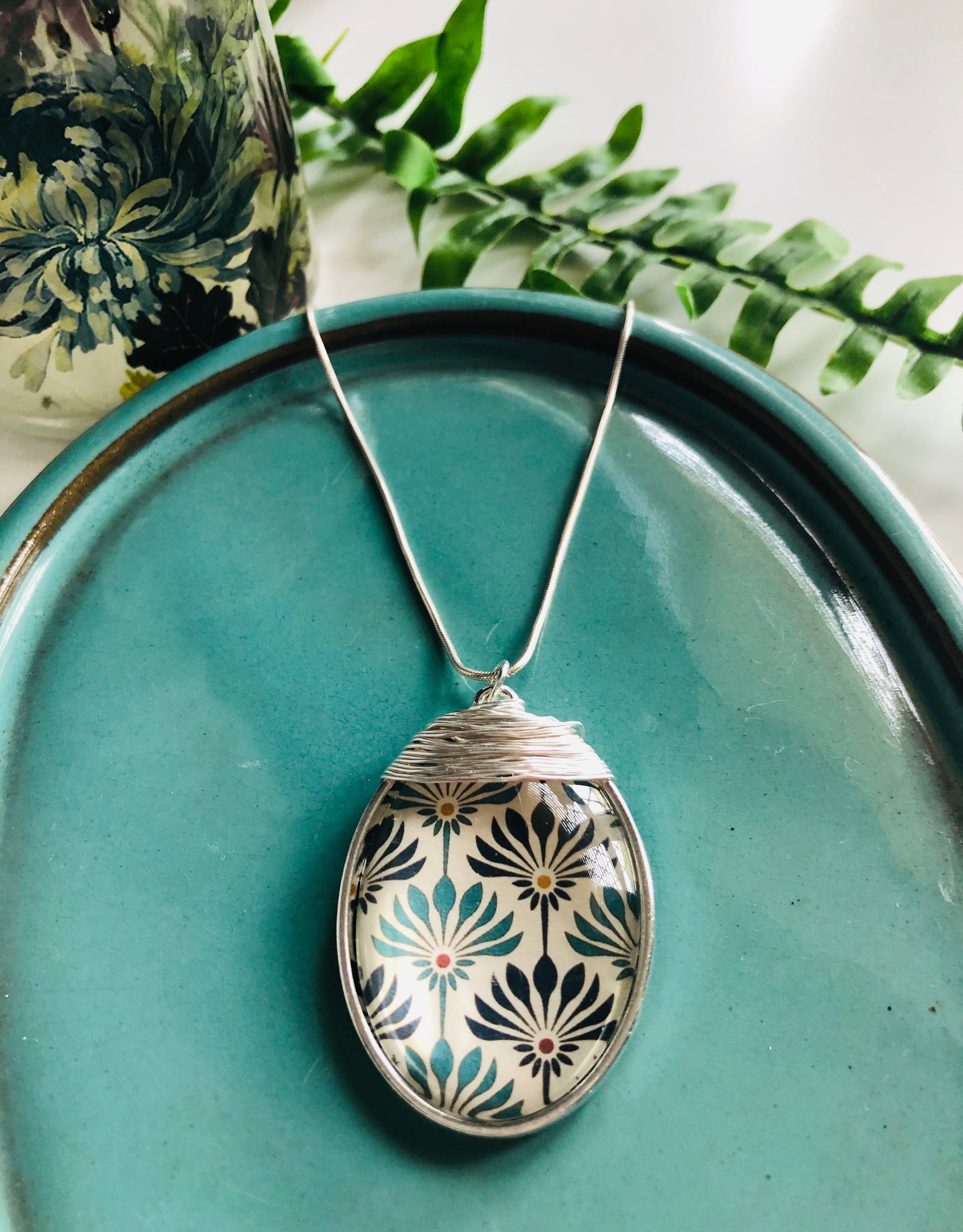 Large silver pendant - turquoise and blue pattern print