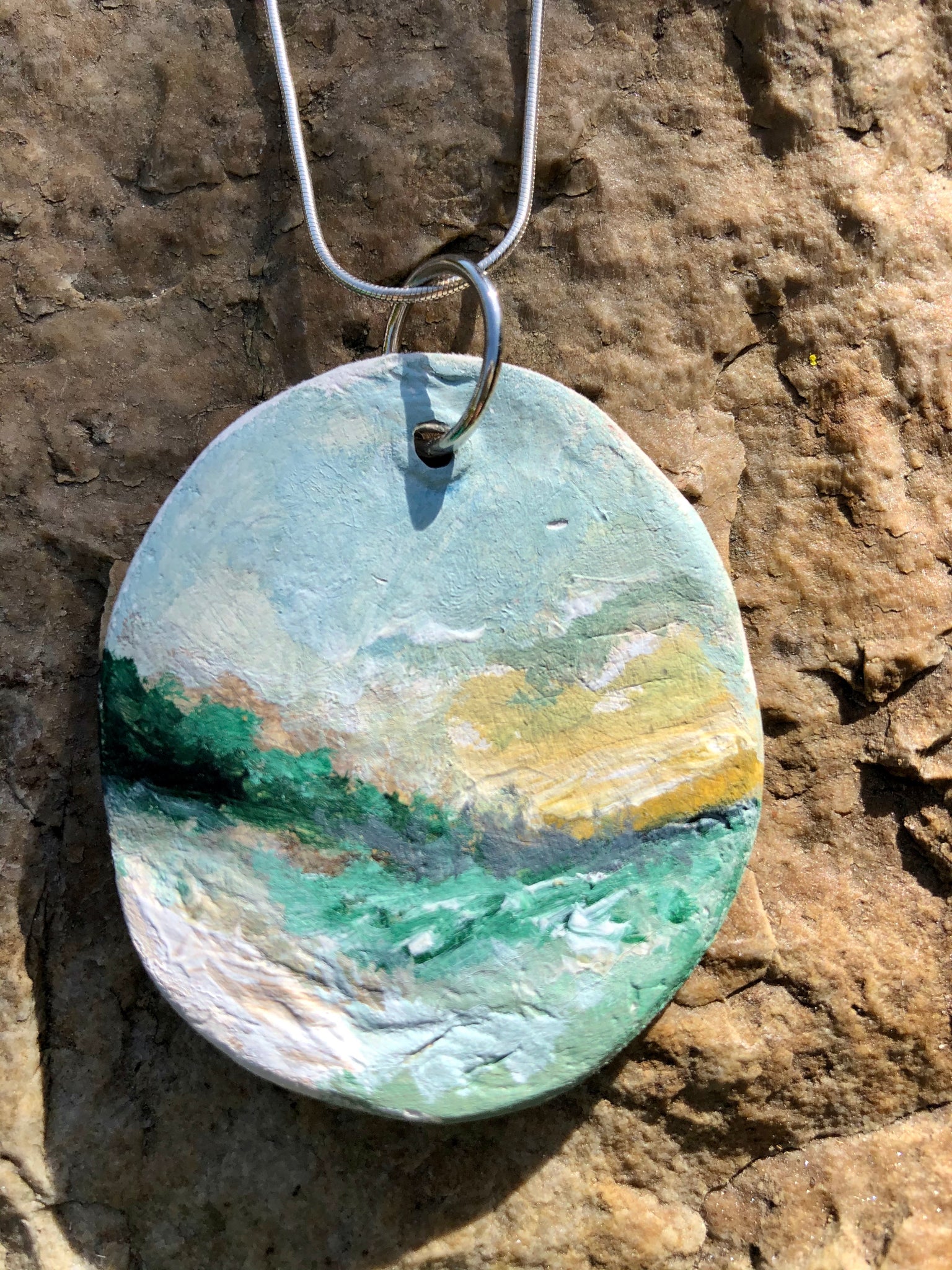 Large hand painted clay pendant
