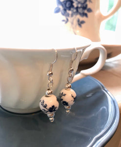 Blue and white floral print earrings