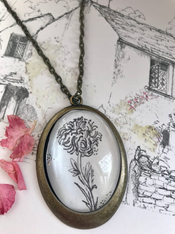 Chrysanthemum, Hand- drawn pendant, birth flower for November