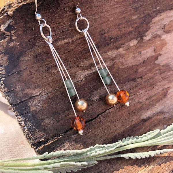 Jade, amber and antique pearl earrings