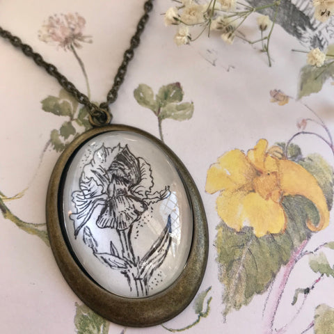 Iris - hand drawn pendant - February birth flower