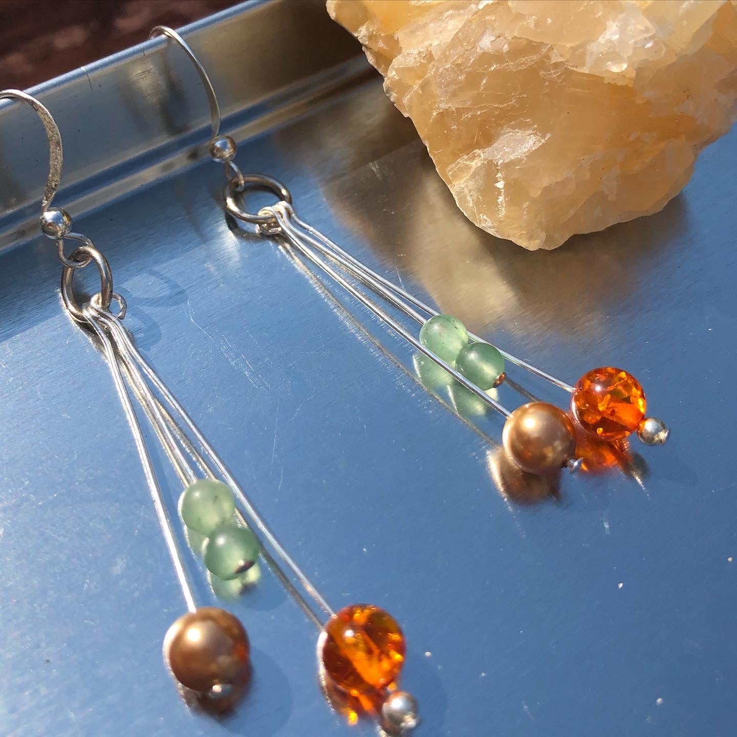 Jade, amber and antique pearl earrings