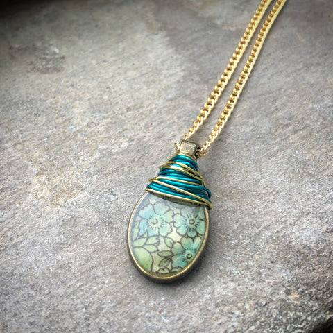 Green and gold dainty resin necklace