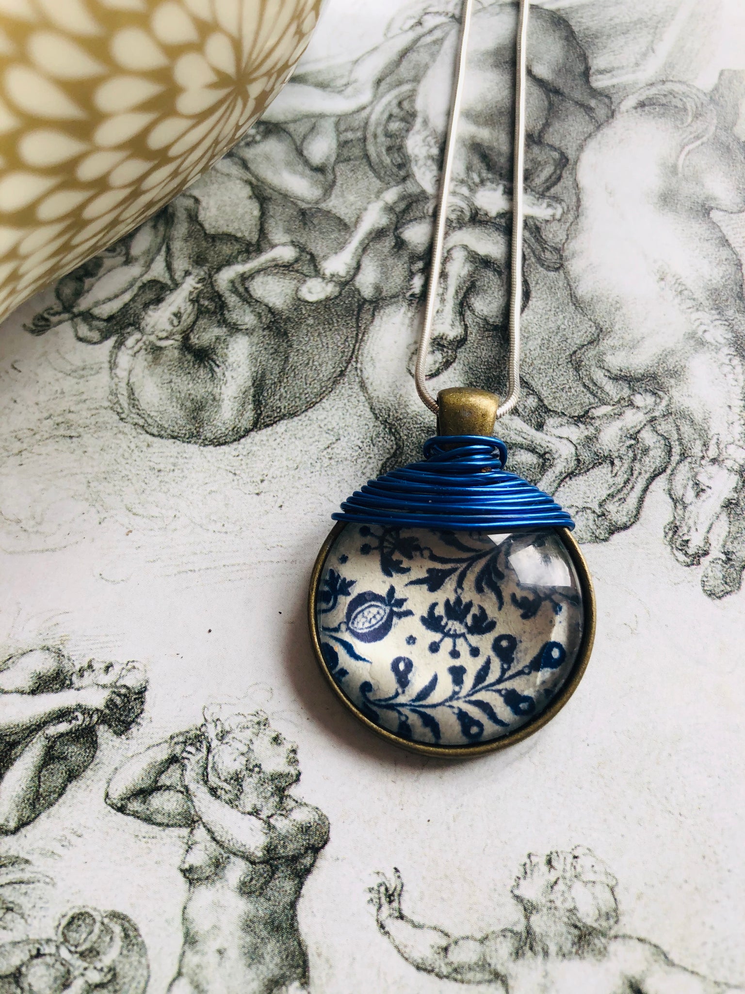 Blue vintage print pendant
