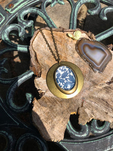 Brass and blue botanical print pendant