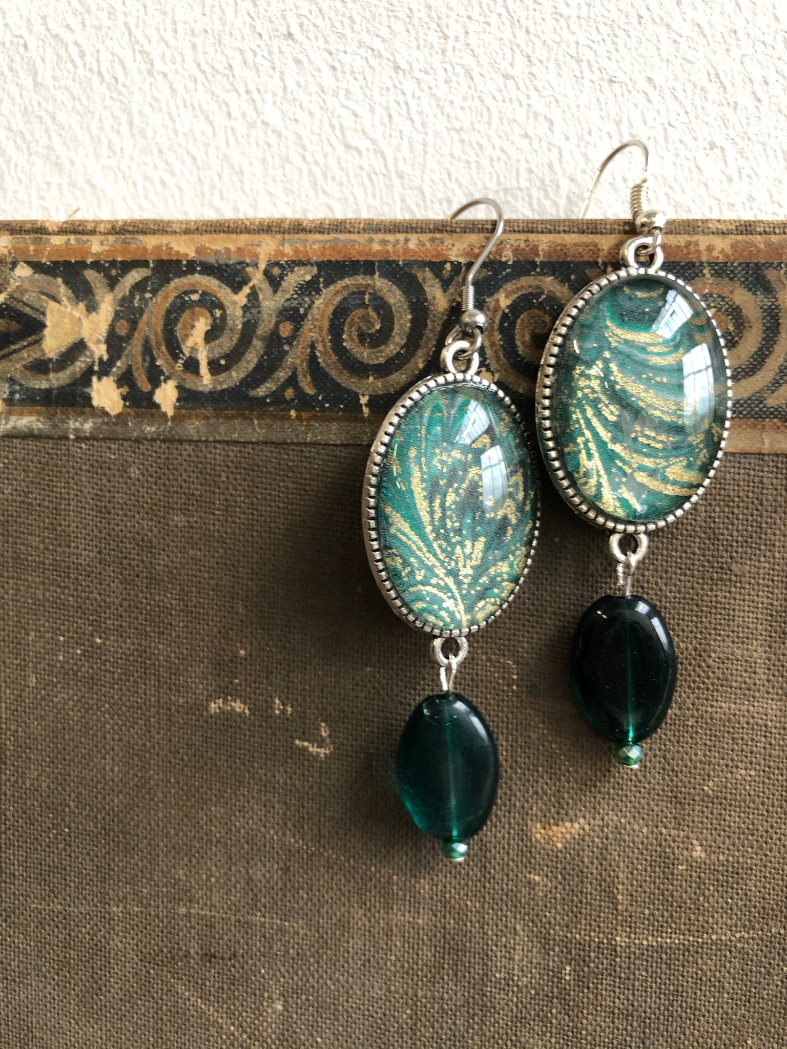 Green and gold vintage print earrings