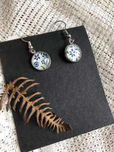 Blue vintage blue and white floral print earrings