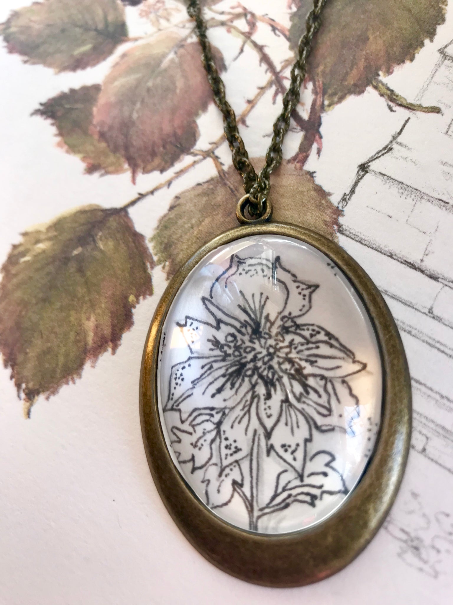 Poinsettia, hand-drawn pendant, birth flower for December